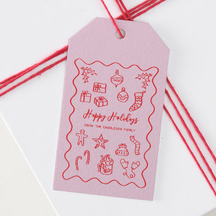 Holiday Scribble Illustration Doodle Pink and Red Gift Tags