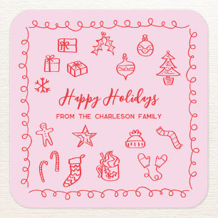 Holiday Scribble Illustration Doodle Pink and Red Square Sticker