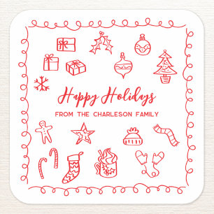 Holiday Scribble Illustration Doodle Red and White Square Sticker