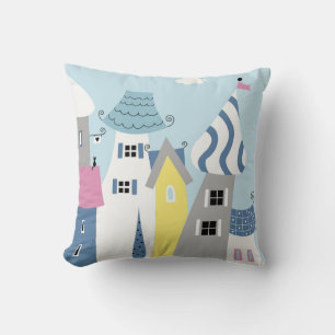 Holiday Seaside Town Buildings Colorful Cushion