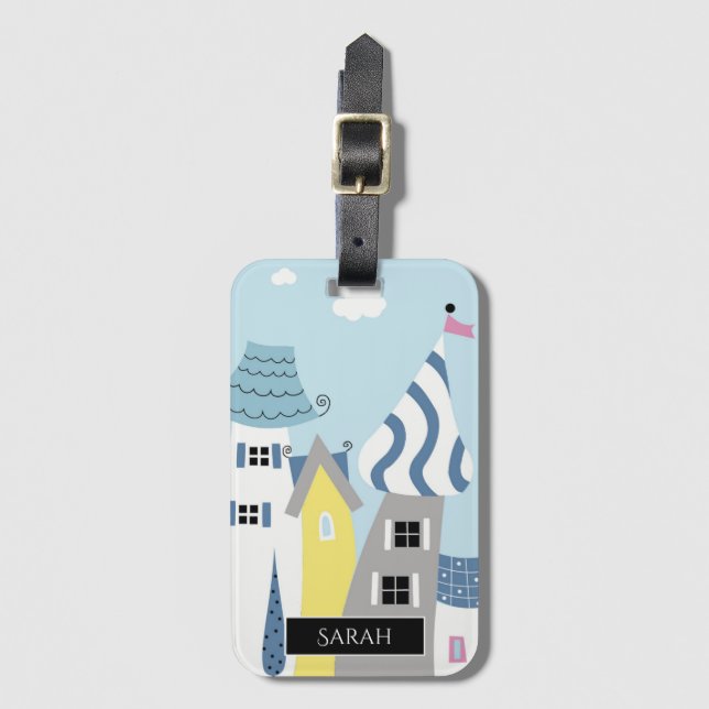 Holiday Seaside Town illustrated Personalised Luggage Tag (Front Vertical)