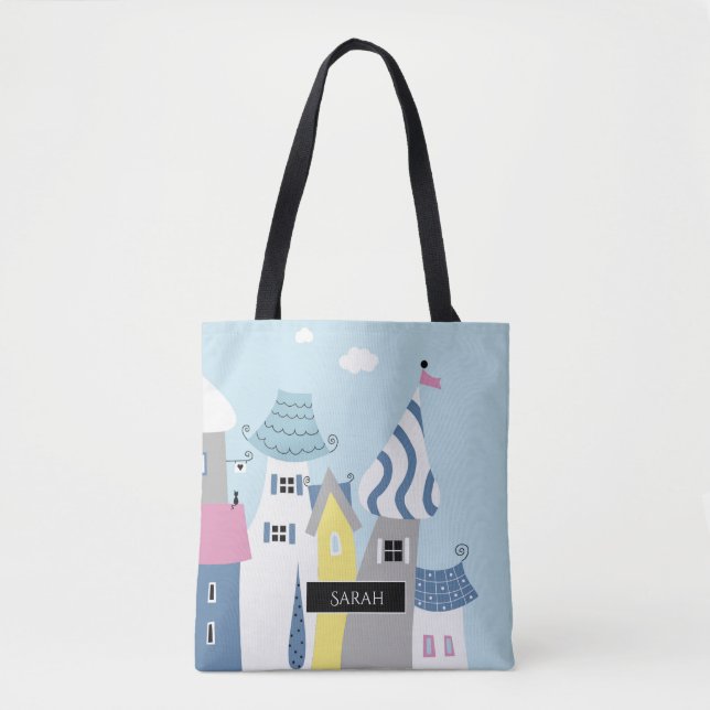 Holiday Seaside Town illustrated Personalised Tote Bag (Front)