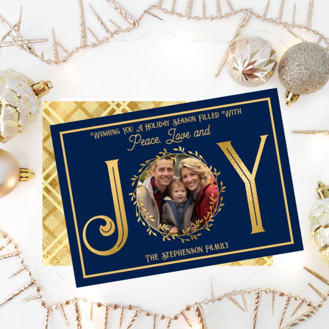 Holiday Season Wishing You Peace Love and Joy ("Wishing You A Season ... Peace Love and Joy" Faux Foil Photo Blue Christmas Holiday Flat Card )