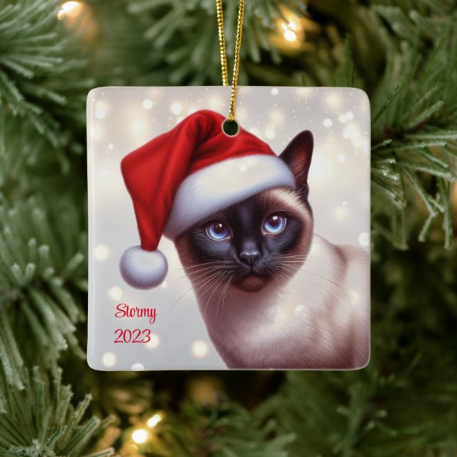 Holiday Siamese Cat Christmas Ceramic Ornament (Tree)