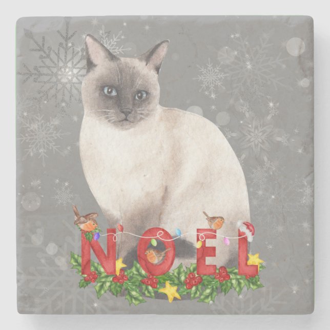 Holiday Siamese Cat Watercolor   Stone Coaster (Front)