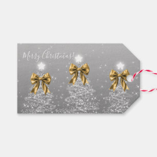 Holiday Silver Christmas Trees Gold Bows Gift Tags