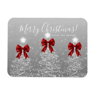Holiday Silver Christmas Trees Greeting Red Magnet