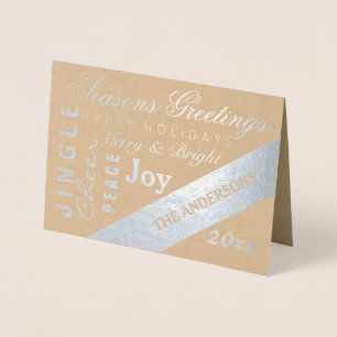 Holiday Silver Typography Add Photo Custom Year Foil Card