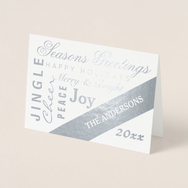 Holiday Silver Typography Add Photo Custom Year Foil Card (Front)