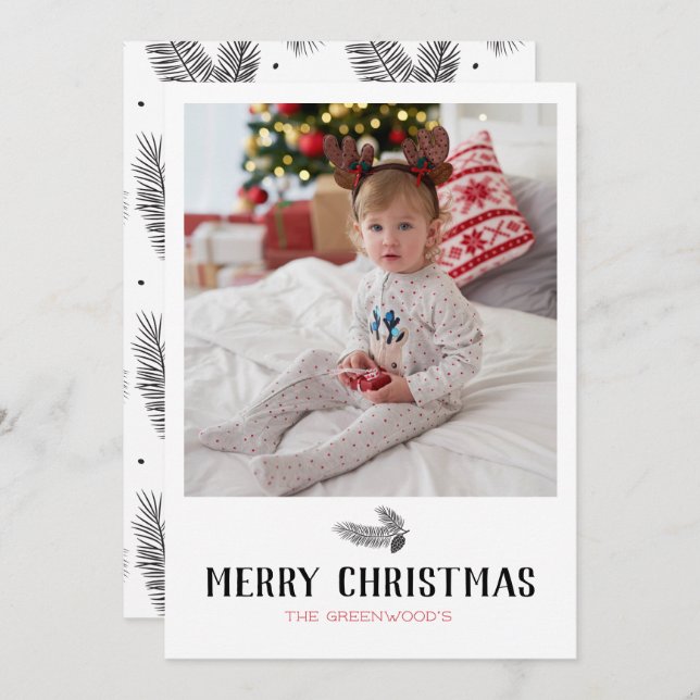 Holiday Simple Evergreen Branch Family Photo Card (Front/Back)