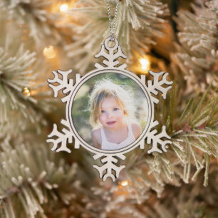 Holiday Simple Kids Photo Keepsake Snowflake Pewter Christmas Ornament