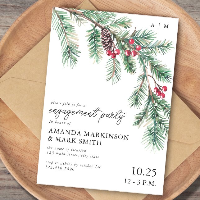 Holiday Simple Pine Branch Engagement Party Invitation (Creator Uploaded)