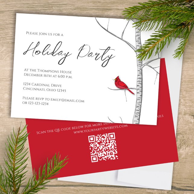Holiday Simple Red Cardinal Birch Tree QR Code Invitation (Simple Holiday Party invitation with a winter woodland red cardinal bird.)