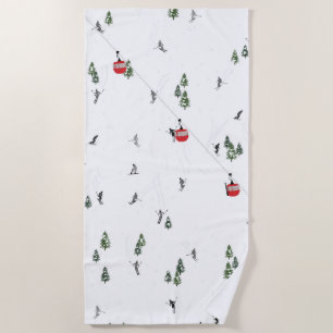 Holiday Skiing Red Ski Lift Illustration Beach Towel