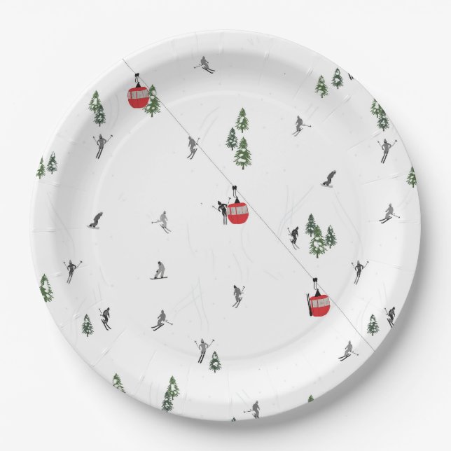 Holiday Skiing Red Ski Lift Illustration Paper Plate (Front)