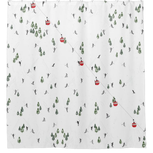 Holiday Skiing Red Ski Lift Illustration Shower Curtain (Front)