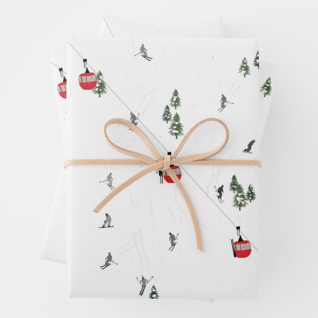 Holiday Skiing Red Ski Lift Illustration Wrapping Paper Sheet (In situ)