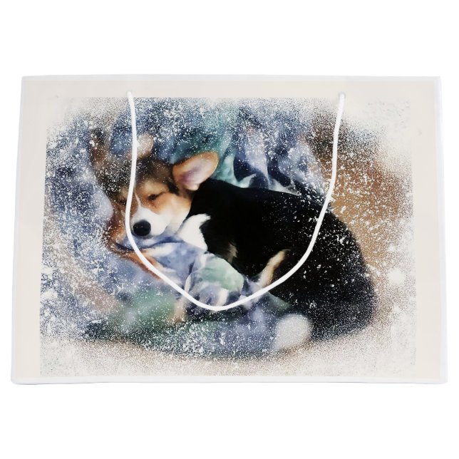 Holiday Sleeping Corgi Puppy Large Gift Bag (Front)