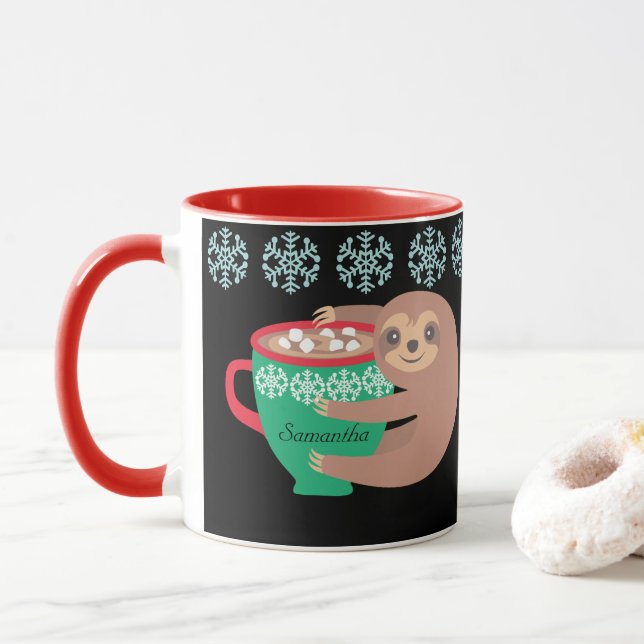 Holiday Sloth Personalised Black Red Mug (With Donut)