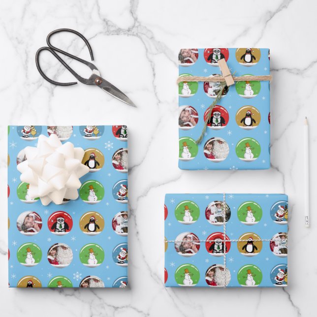 Holiday Snow Globe Custom Three Photo Template Wrapping Paper Sheet (Front)
