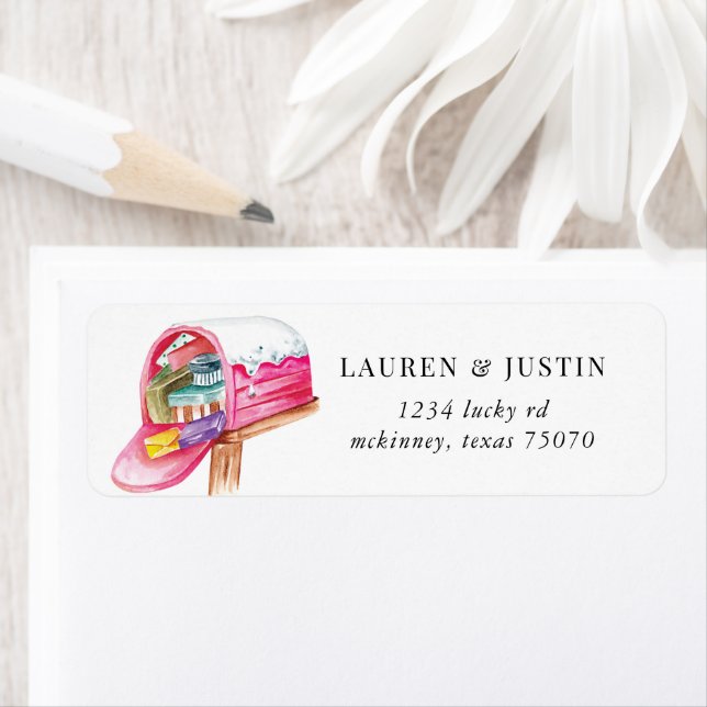 Holiday Snow Pink Mailbox Return Address Label (Insitu)