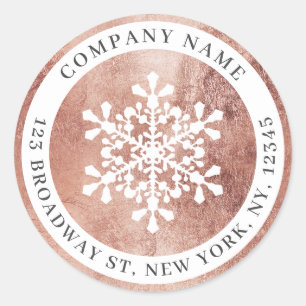 Holiday snowflake rose gold company return address classic round sticker