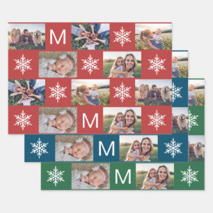 Holiday Snowflakes and Monogram Photo Collage Wrapping Paper Sheet