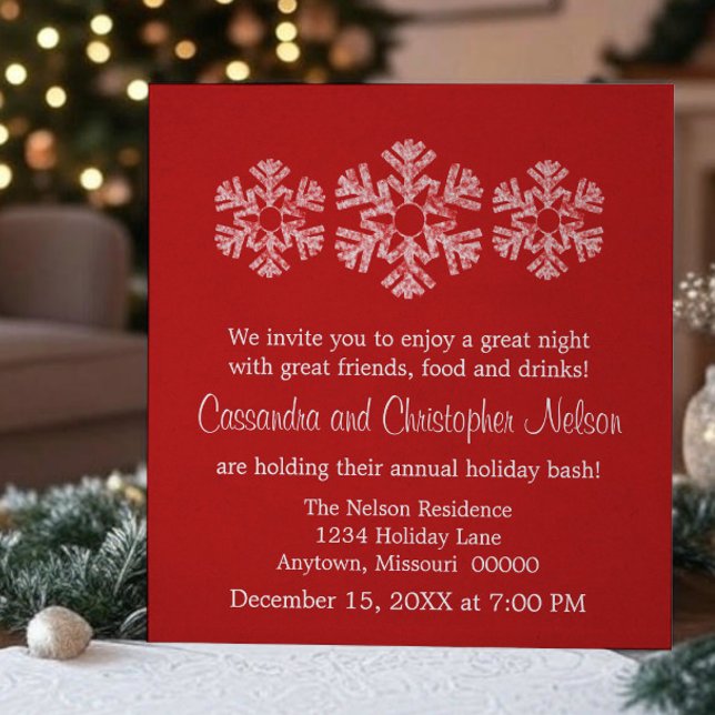 Holiday Snowflakes Christmas Party, Red Invitation (Red Holiday Snowflakes Christmas Party Invitation)