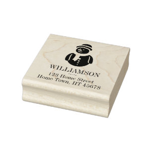Holiday Snowman Family Name Return Address Square Rubber Stamp