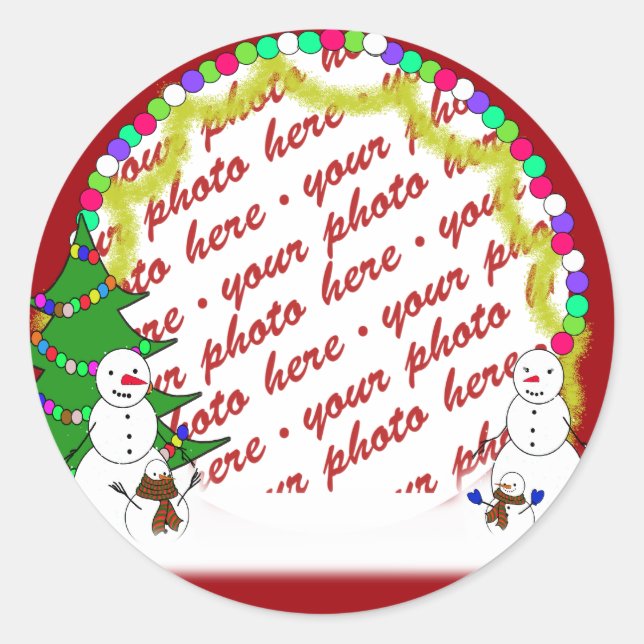 Holiday Snowman Family Photo Frame Classic Round Sticker (Front)