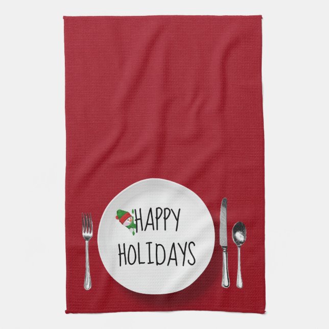 Holiday Snowman On White Plate Tea Towel (Vertical)