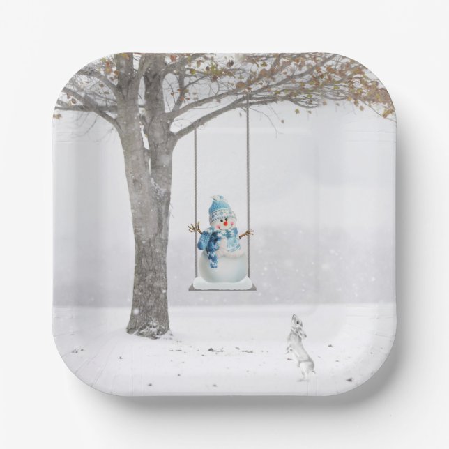 Holiday Snowman On Winter Swing  Paper Plate (Front)