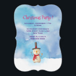 Holiday Snowman Waving Christmas Party Invitation<br><div class="desc">Christmas party invitation with a cute snowman illustration. He is wearing a black stovepipe hat, holding a classic corn cob pipe, and wearing a red scarf. Standing in the cold white snow smiling and waving hello. The background is composed of watercolor sky with blue and purple colours blending and mingling...</div>