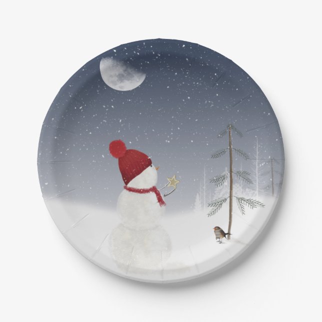 Holiday Snowman with gold star Paper Plate (Front)