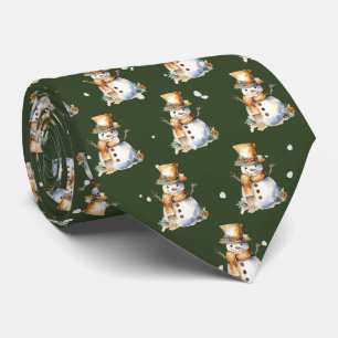 Holiday Snowmen In Snowflakes On  Green Tie