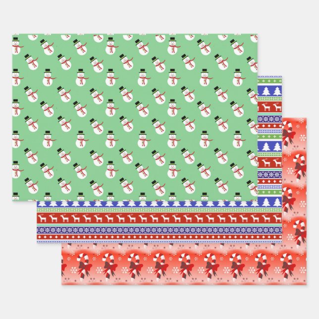 Holiday Snowmen, Nordic Stripe, and Candy Cane Wrapping Paper Sheet (Set)