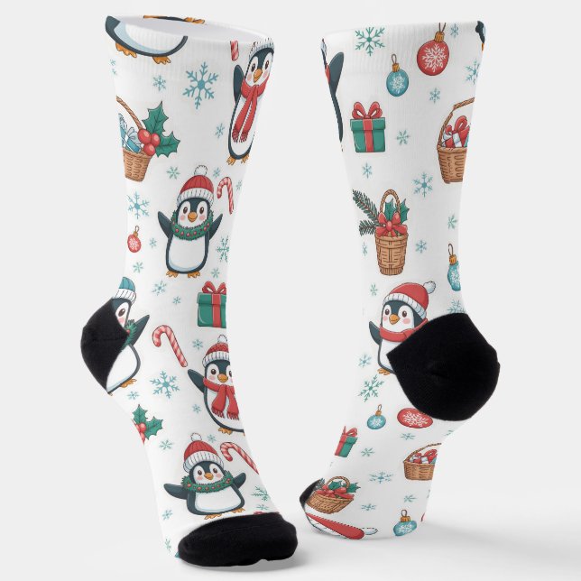 Holiday Socks with Christmas Penguins, Snowflakes (Angled)