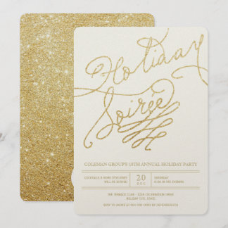 Holiday Soiree Gold Glitter Script Stylish Party Invitation