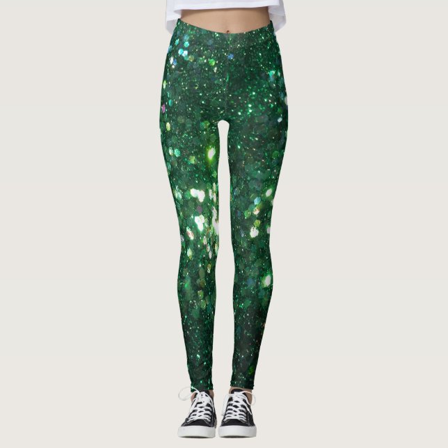 Holiday sparkle Glitz Green Glitter print Leggings (Front)