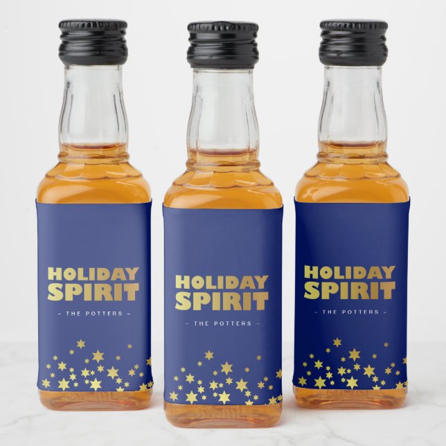 Holiday Spirit | Fun Christmas Blue & Gold Liquor Bottle Label (Bottles)