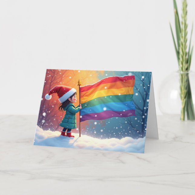 Holiday Spirit Rainbow Pride Flag Elf Card (Front)