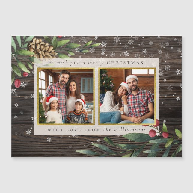 Holiday Sprigs Rustic Wood & Gold Christmas Photo (Front)