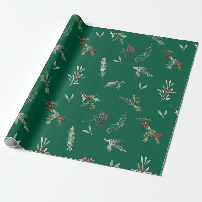 Holiday Spruce & Red Berries Forest Green Wrapping Paper (Unrolled)