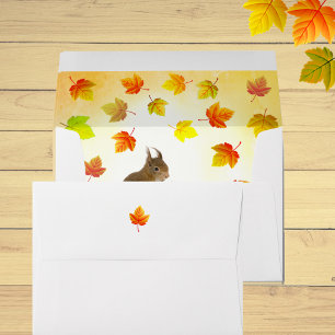 Holiday Squirrel & Fall Leaves on White Envelope