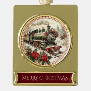 Holiday Steam Train in Snowy Woods Gold Plated Banner Ornament