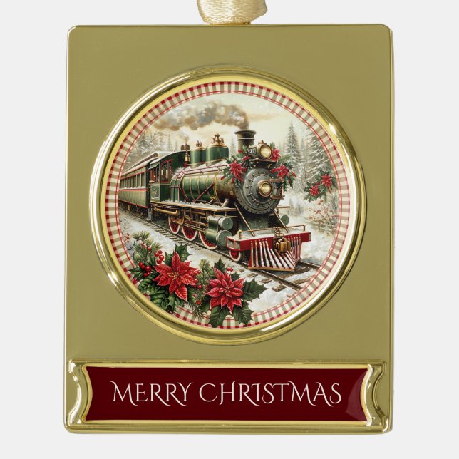 Holiday Steam Train in Snowy Woods Gold Plated Banner Ornament (Front)