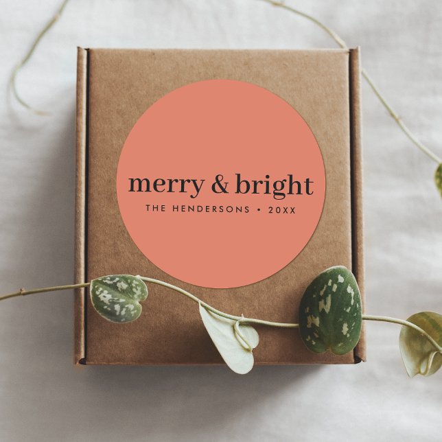 Holiday Stickers | Minimal Christmas Round Sticker (“Merry & Bright” round stickers by Guava, in soft coral)