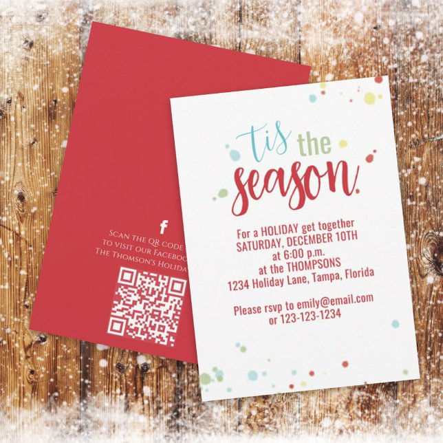 Holiday String Lights Tis the Season QR Code Cute  Invitation (Christmas holiday Tis the Season QR code invitation. )