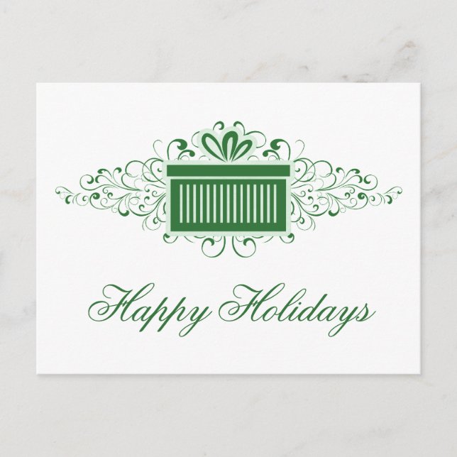 Holiday Swirls Present Christmas Postcard, Green (Front)