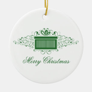 Holiday Swirls Present Ornament, Green Ceramic Tree Decoration